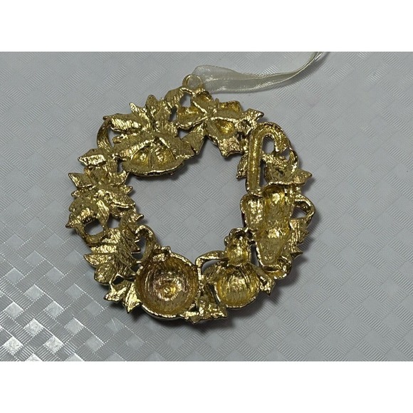 Gold Tone Metal Wreath Ornament Red Green Santa Snowman Bells Holly Ribbon - Picture 8 of 10